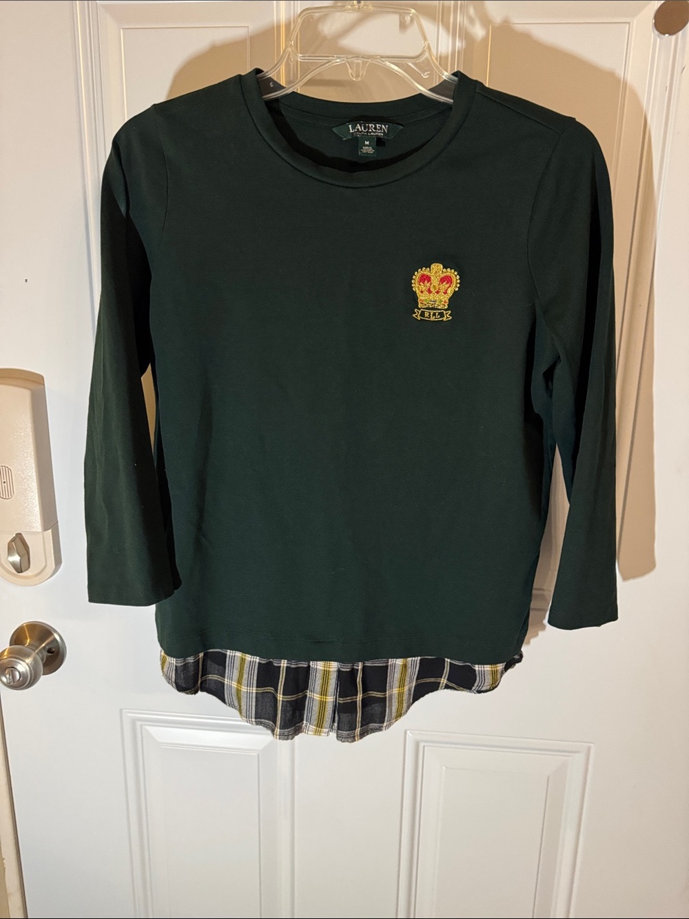 Ralph Lauren Dark Green Long Sleeve Top with Plaid Trim and Crown Patch